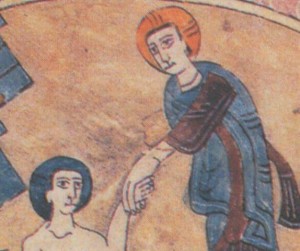 Del Beato de Gerona (moz.): Cristo en los infiernos tomando de la mano a nuestro padre Adán.